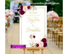 Burgundy Wedding Welcome Sign,Floral Wedding Welcome sign,(61dw)